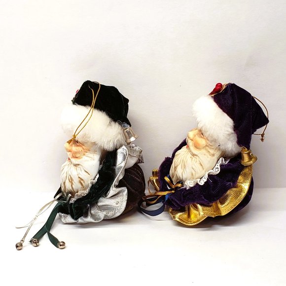 Old World Santa Christmas Ornament Lot x2 Ceramic Velvet Bells Blue Purple 5" - Picture 6 of 7